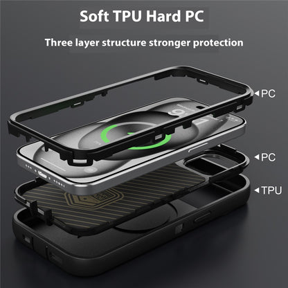 For iPhone 15 Plus Magnetic Case Lens Kickstand 3 in 1 Detachable TPU + PC Phone Back Cover with Lanyard