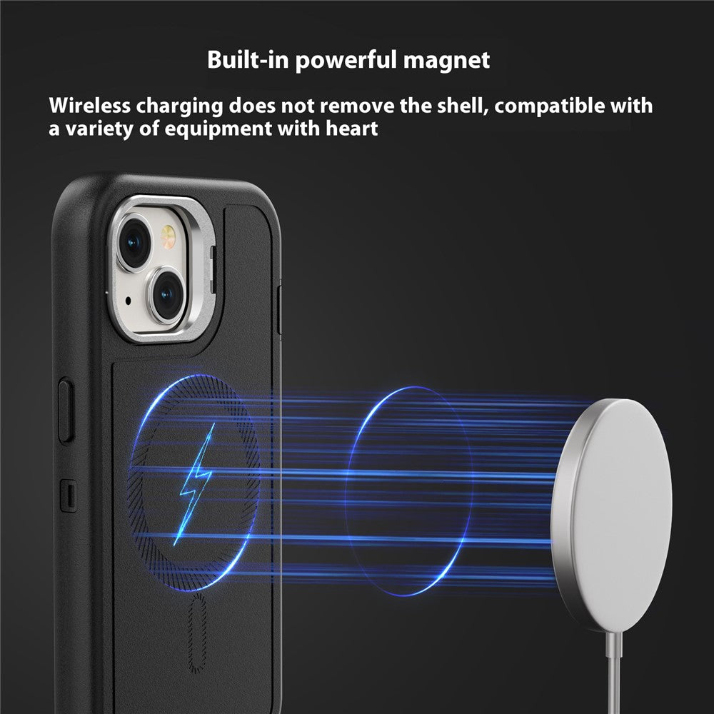 For iPhone 15 Plus Magnetic Case Lens Kickstand 3 in 1 Detachable TPU + PC Phone Back Cover with Lanyard