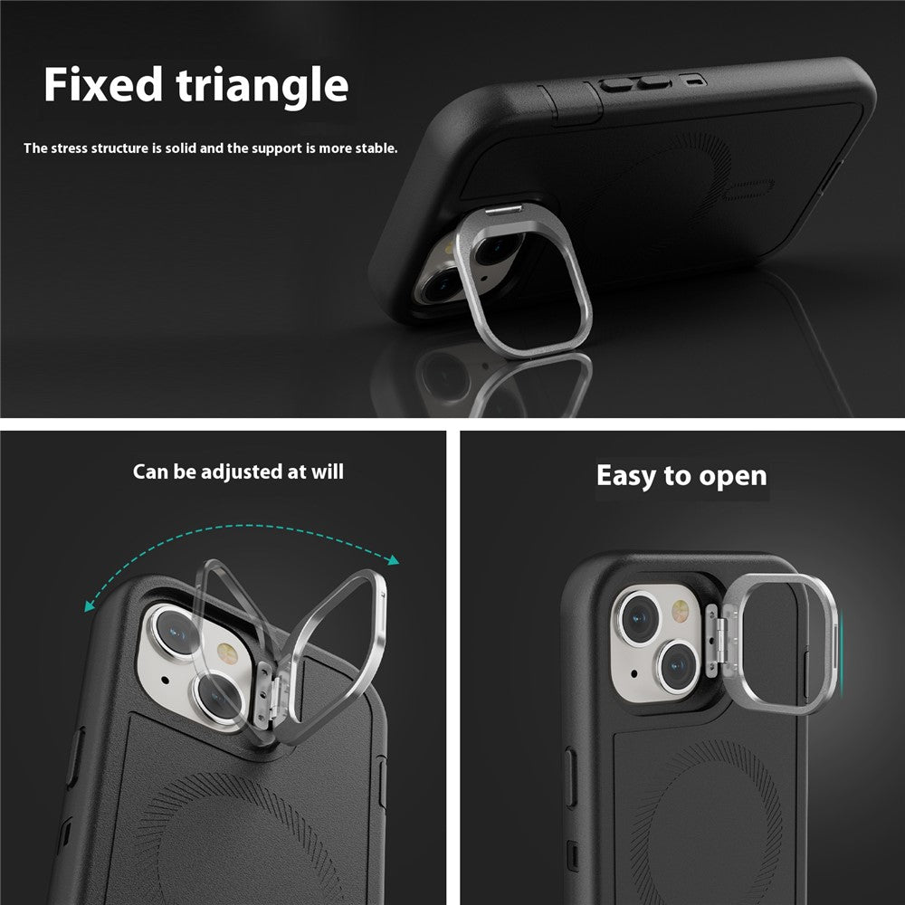 For iPhone 15 Plus Magnetic Case Lens Kickstand 3 in 1 Detachable TPU + PC Phone Back Cover with Lanyard