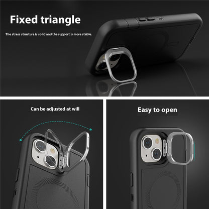 For iPhone 15 Plus Magnetic Case Lens Kickstand 3 in 1 Detachable TPU + PC Phone Back Cover with Lanyard