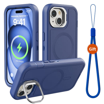 For iPhone 15 Plus Magnetic Case Lens Kickstand 3 in 1 Detachable TPU + PC Phone Back Cover with Lanyard