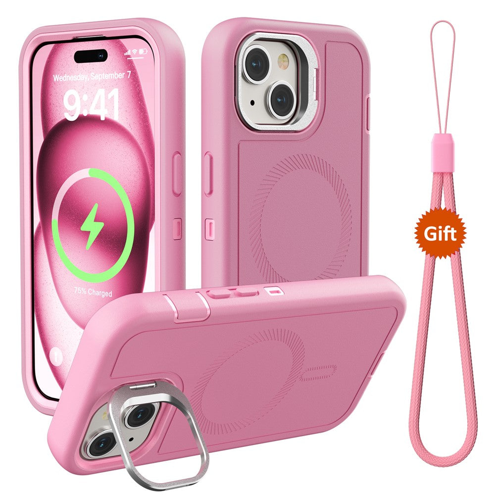 For iPhone 15 Plus Magnetic Case Lens Kickstand 3 in 1 Detachable TPU + PC Phone Back Cover with Lanyard