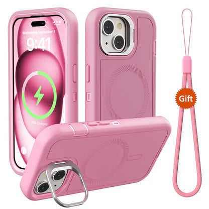For iPhone 15 Plus Magnetic Case Lens Kickstand 3 in 1 Detachable TPU + PC Phone Back Cover with Lanyard