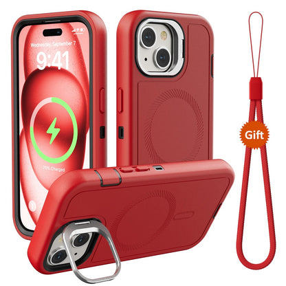 For iPhone 15 Plus Magnetic Case Lens Kickstand 3 in 1 Detachable TPU + PC Phone Back Cover with Lanyard