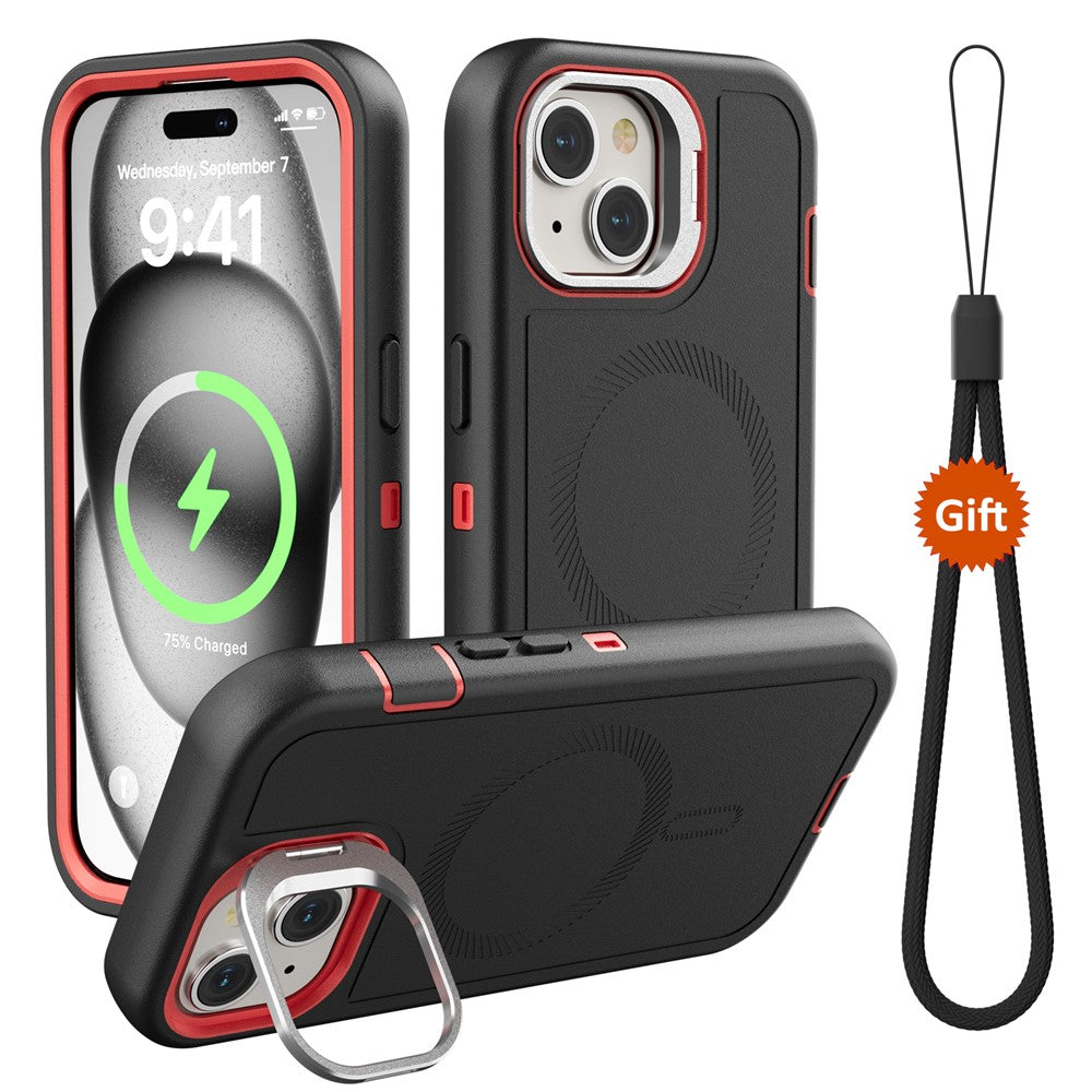 For iPhone 15 Plus Magnetic Case Lens Kickstand 3 in 1 Detachable TPU + PC Phone Back Cover with Lanyard