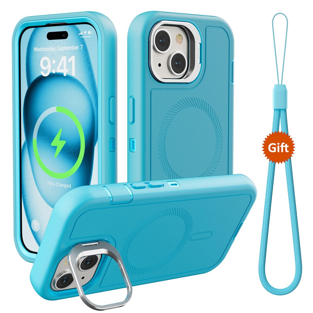 For iPhone 15 Plus Magnetic Case Lens Kickstand 3 in 1 Detachable TPU + PC Phone Back Cover with Lanyard