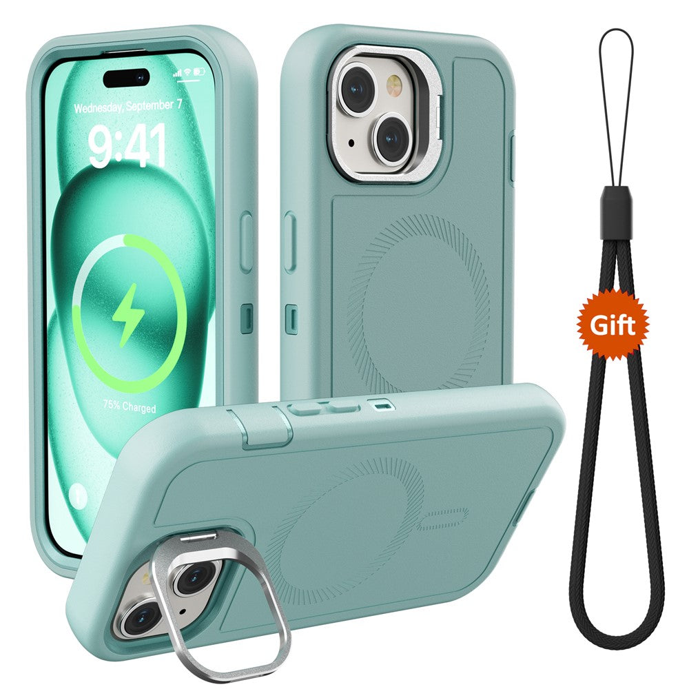 For iPhone 15 Plus Magnetic Case Lens Kickstand 3 in 1 Detachable TPU + PC Phone Back Cover with Lanyard