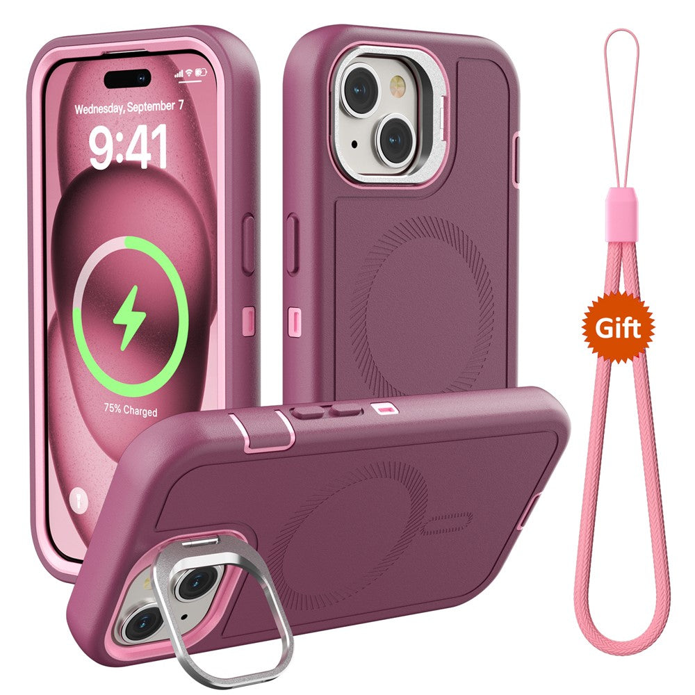 For iPhone 15 Plus Magnetic Case Lens Kickstand 3 in 1 Detachable TPU + PC Phone Back Cover with Lanyard