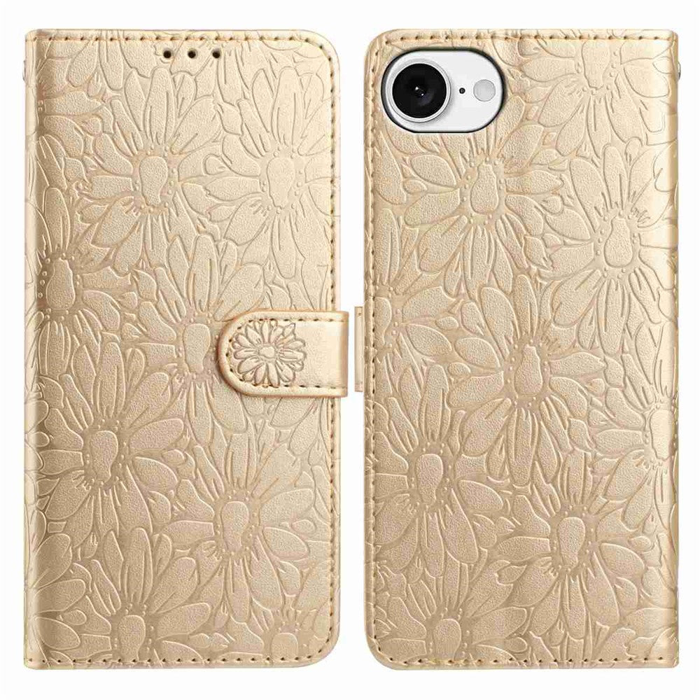 For iPhone 17e / 16e Leather Case Daisy Imprint Wallet Stand Phone Protective Cover