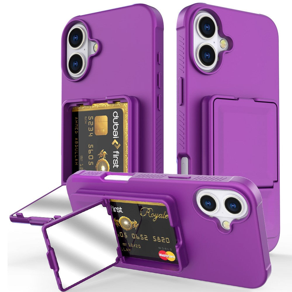 For iPhone 16 Case Skin-Touch Card Holder TPU + PC Phone Cover with Mirror Kickstand