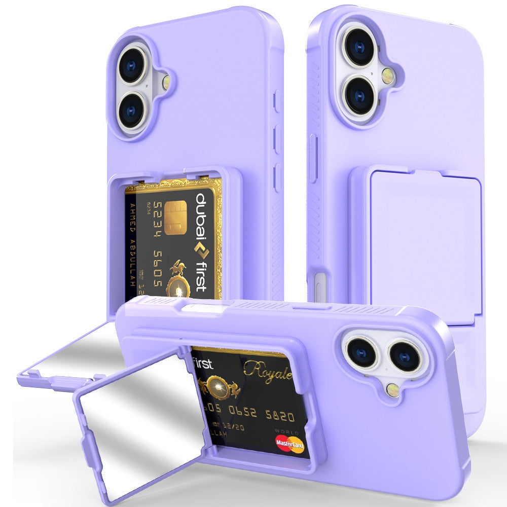 For iPhone 16 Case Skin-Touch Card Holder TPU + PC Phone Cover with Mirror Kickstand