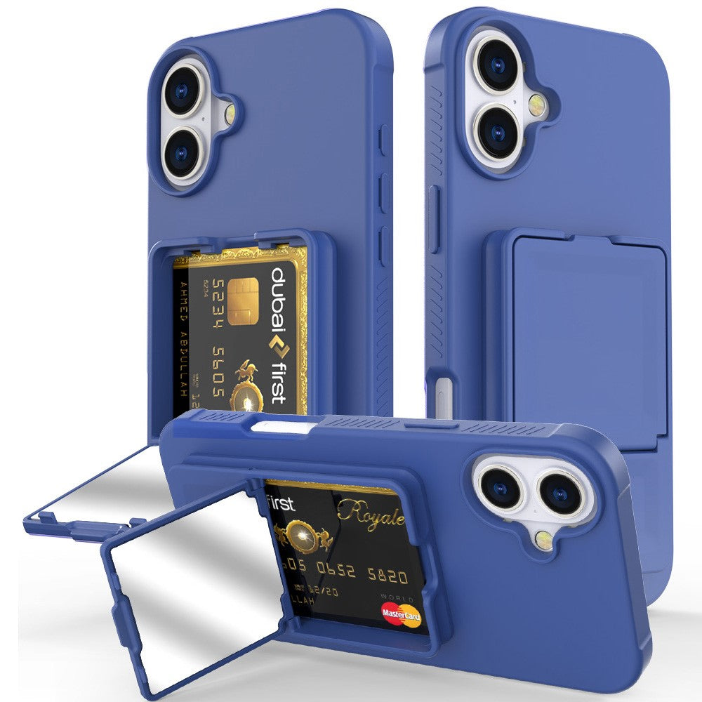 For iPhone 16 Case Skin-Touch Card Holder TPU + PC Phone Cover with Mirror Kickstand
