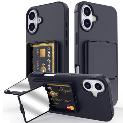 For iPhone 16 Case Skin-Touch Card Holder TPU + PC Phone Cover with Mirror Kickstand