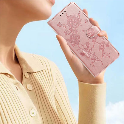 For iPhone 14 Wallet Case Rose Pattern Imprinted Leather Flip Stand Phone Cover