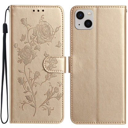 For iPhone 14 Wallet Case Rose Pattern Imprinted Leather Flip Stand Phone Cover