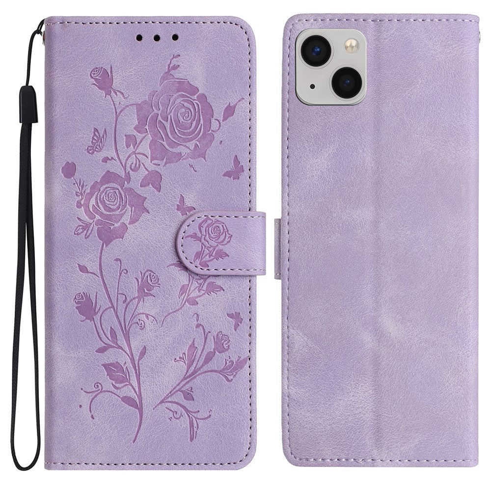 For iPhone 15 Wallet Case Rose Pattern Imprinted Leather Flip Stand Phone Cover