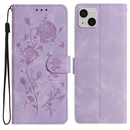 For iPhone 15 Wallet Case Rose Pattern Imprinted Leather Flip Stand Phone Cover