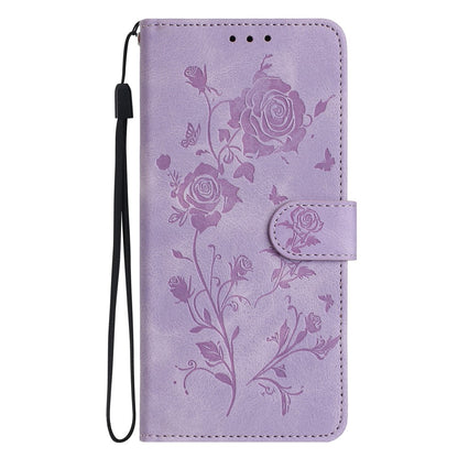 For iPhone 15 Wallet Case Rose Pattern Imprinted Leather Flip Stand Phone Cover