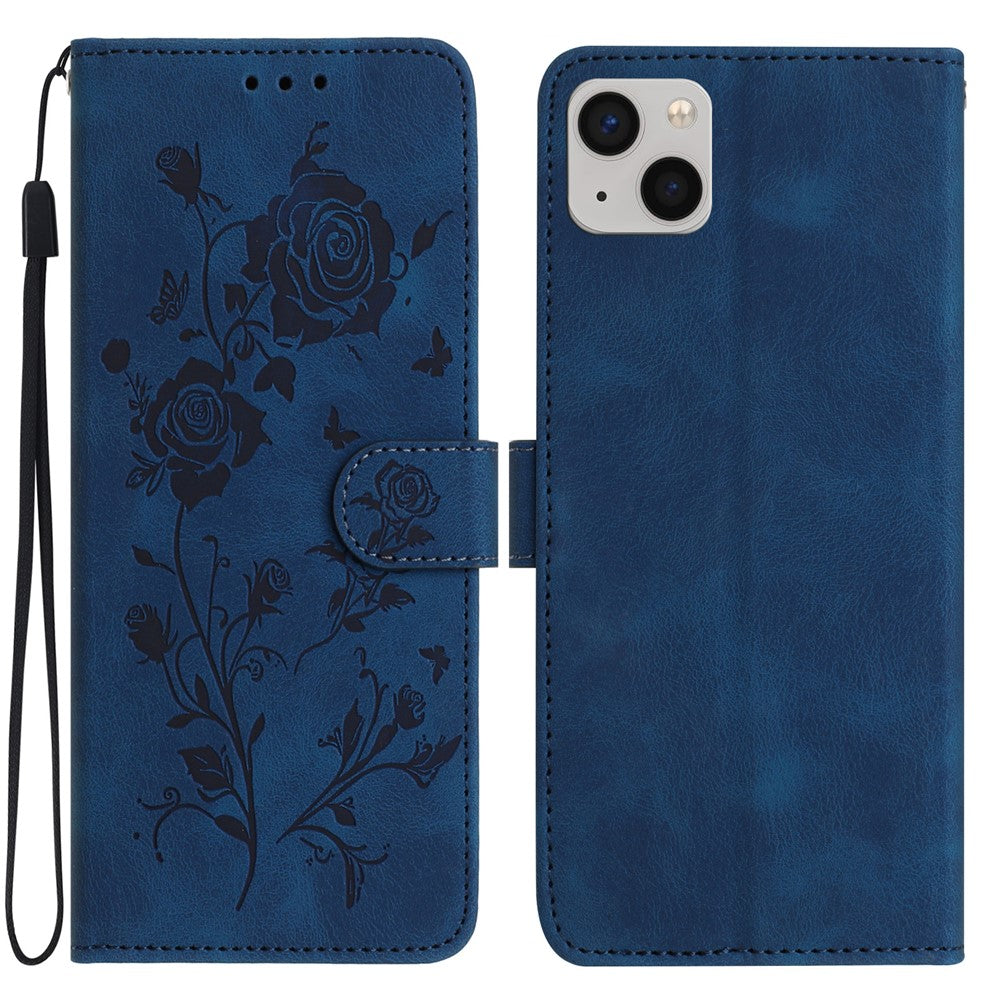 For iPhone 15 Wallet Case Rose Pattern Imprinted Leather Flip Stand Phone Cover