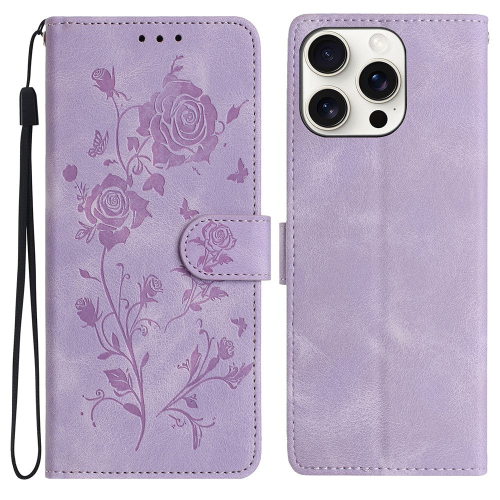 For iPhone 16 Pro Max Wallet Case Rose Pattern Imprinted Leather Flip Stand Phone Cover