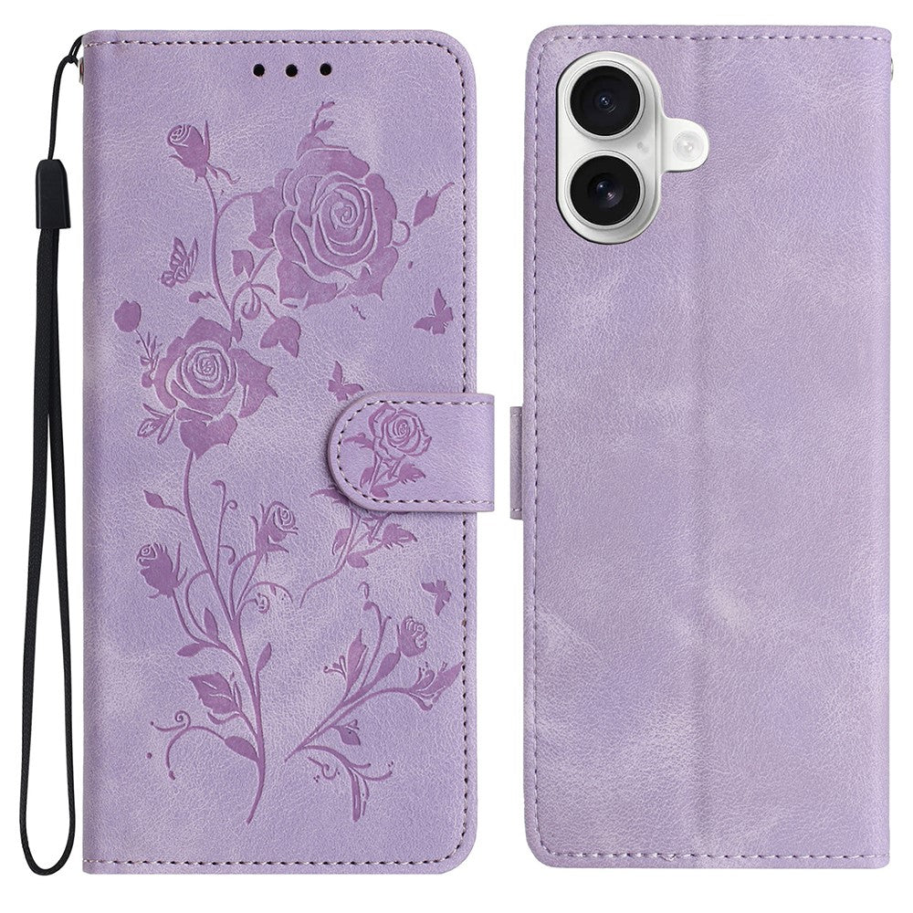 For iPhone 16 Wallet Case Rose Pattern Imprinted Leather Flip Stand Phone Cover