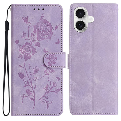For iPhone 16 Wallet Case Rose Pattern Imprinted Leather Flip Stand Phone Cover
