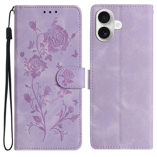 For iPhone 16 Wallet Case Rose Pattern Imprinted Leather Flip Stand Phone Cover