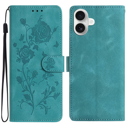 For iPhone 16 Wallet Case Rose Pattern Imprinted Leather Flip Stand Phone Cover