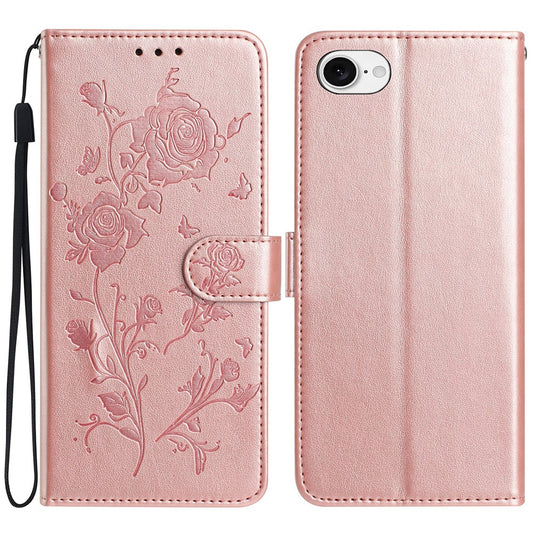 For iPhone 17e / 16e Wallet Case Rose Pattern Imprinted Leather Flip Stand Phone Cover