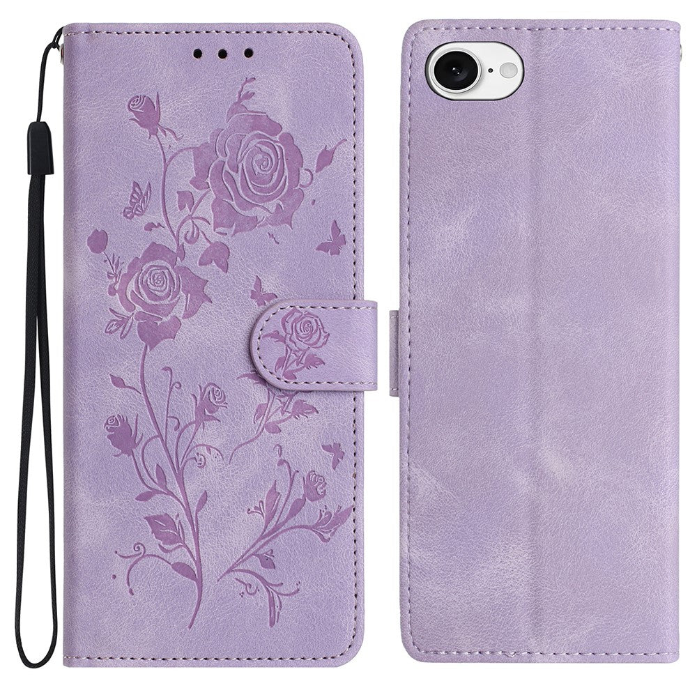 For iPhone 17e / 16e Wallet Case Rose Pattern Imprinted Leather Flip Stand Phone Cover