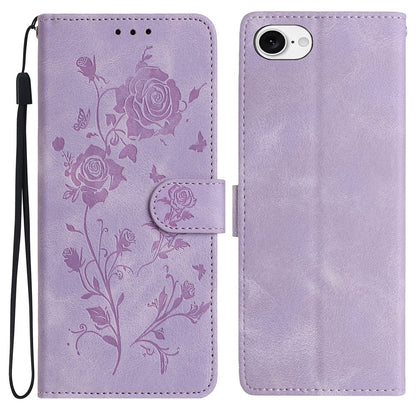 For iPhone 17e / 16e Wallet Case Rose Pattern Imprinted Leather Flip Stand Phone Cover