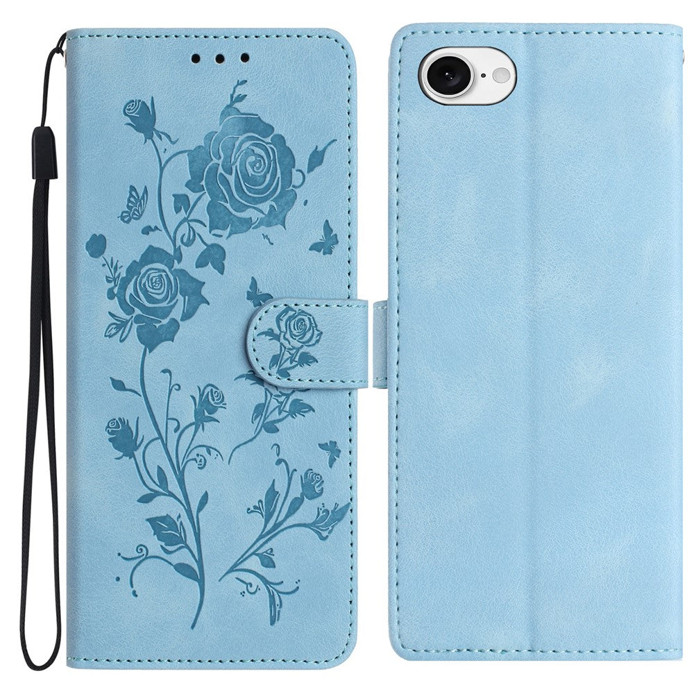 For iPhone 17e / 16e Wallet Case Rose Pattern Imprinted Leather Flip Stand Phone Cover