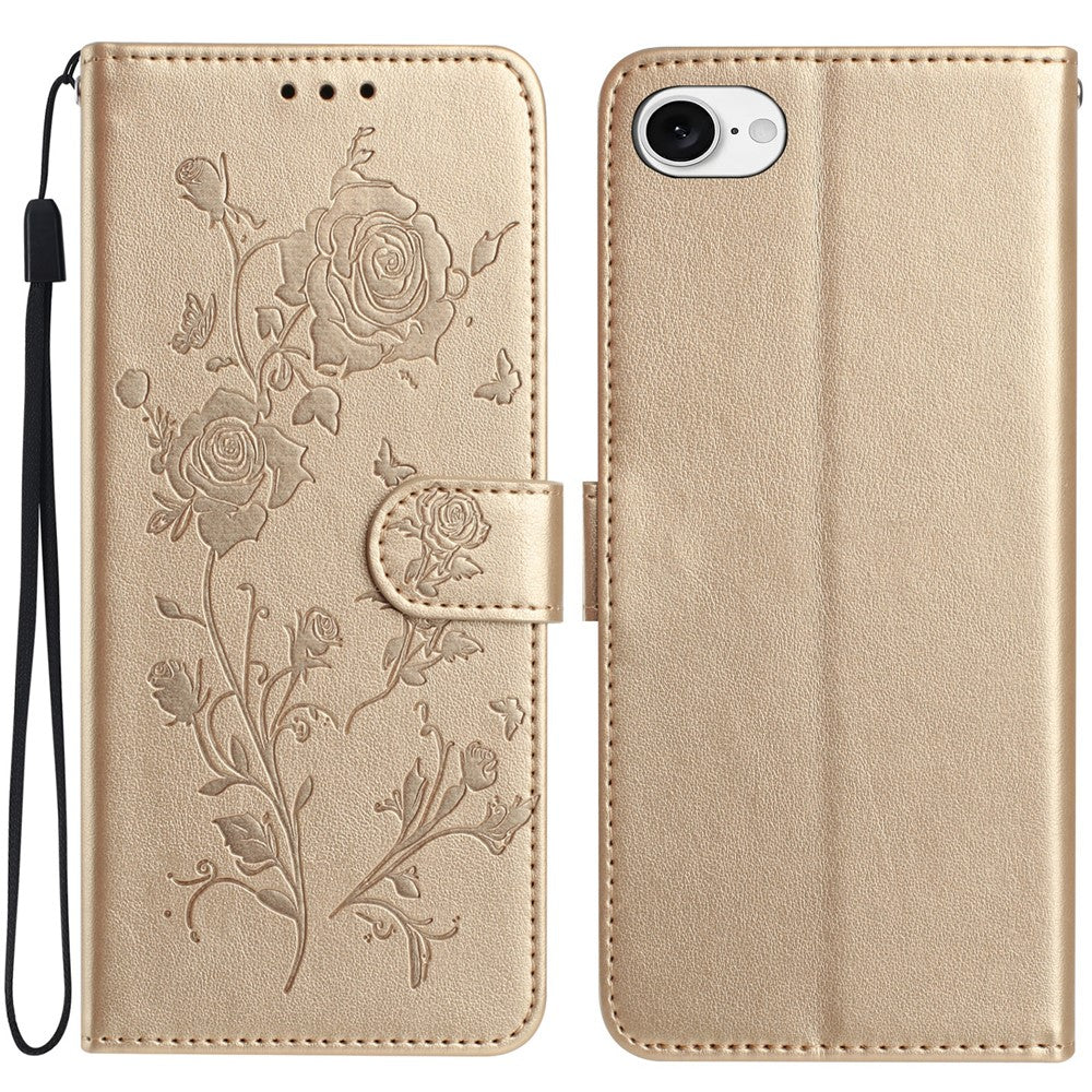 For iPhone 17e / 16e Wallet Case Rose Pattern Imprinted Leather Flip Stand Phone Cover