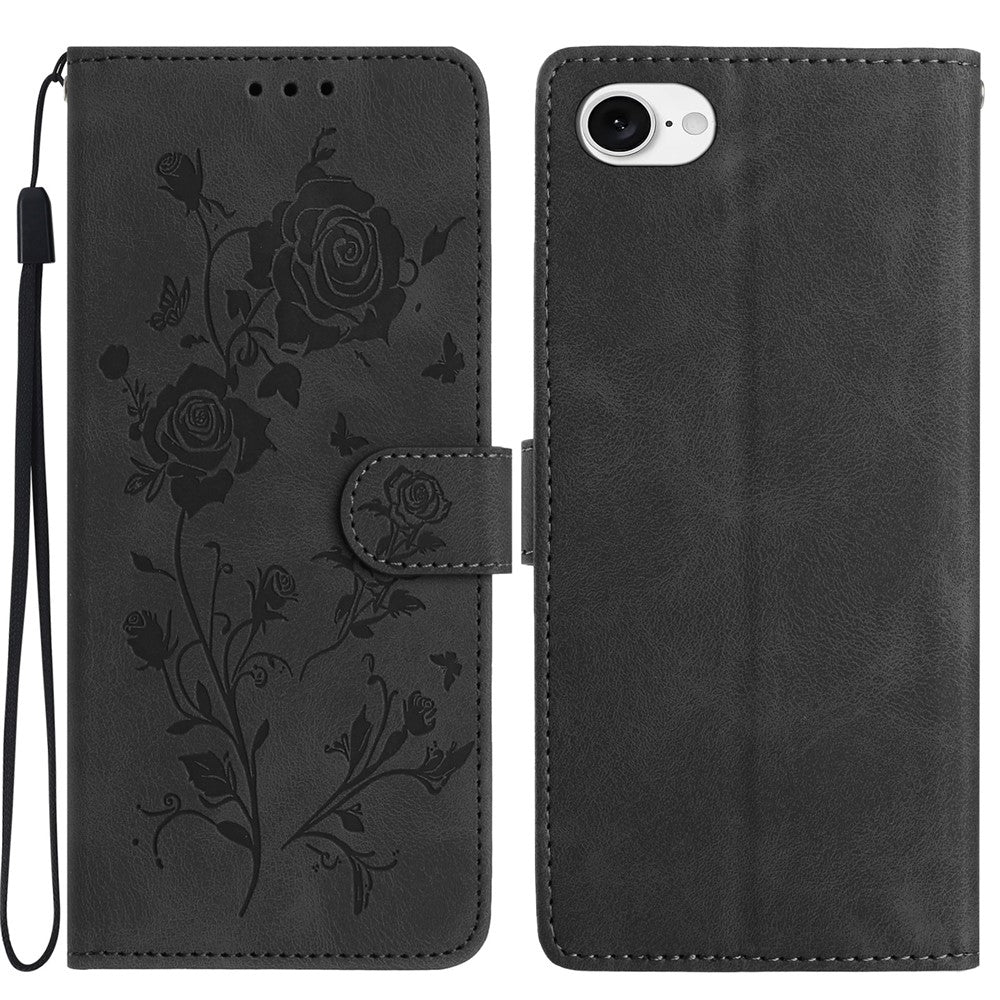 For iPhone 17e / 16e Wallet Case Rose Pattern Imprinted Leather Flip Stand Phone Cover