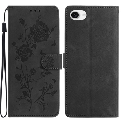 For iPhone 17e / 16e Wallet Case Rose Pattern Imprinted Leather Flip Stand Phone Cover
