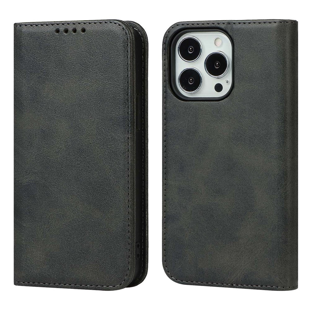 For iPhone 14 Pro Max Calf Texture PU Leather Drop-proof Case Magnetic Auto-absorbed Phone Wallet Stand Cover