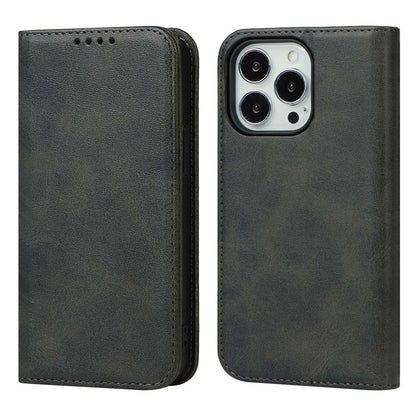 For iPhone 14 Pro Max Calf Texture PU Leather Drop-proof Case Magnetic Auto-absorbed Phone Wallet Stand Cover