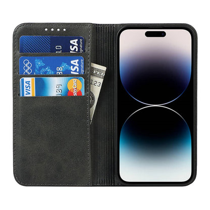 For iPhone 14 Pro Max Calf Texture PU Leather Drop-proof Case Magnetic Auto-absorbed Phone Wallet Stand Cover