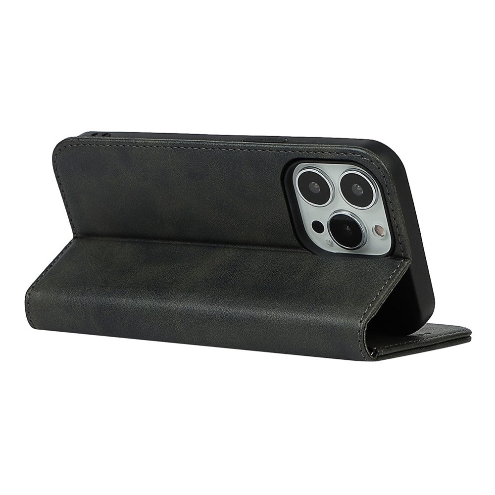 For iPhone 14 Pro Max Calf Texture PU Leather Drop-proof Case Magnetic Auto-absorbed Phone Wallet Stand Cover