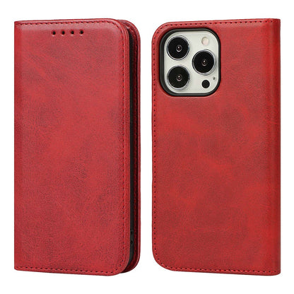 For iPhone 14 Pro Max Calf Texture PU Leather Drop-proof Case Magnetic Auto-absorbed Phone Wallet Stand Cover