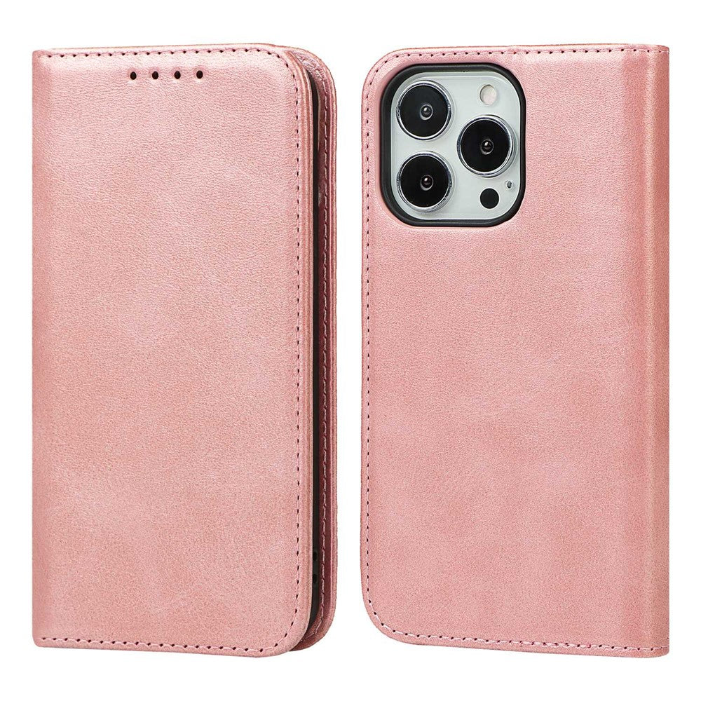 For iPhone 14 Pro Max Calf Texture PU Leather Drop-proof Case Magnetic Auto-absorbed Phone Wallet Stand Cover