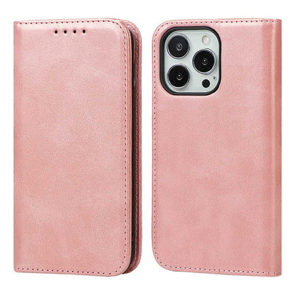 For iPhone 14 Pro Max Calf Texture PU Leather Drop-proof Case Magnetic Auto-absorbed Phone Wallet Stand Cover