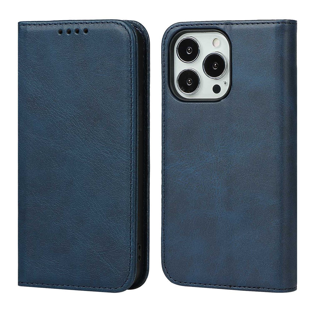 For iPhone 14 Pro Max Calf Texture PU Leather Drop-proof Case Magnetic Auto-absorbed Phone Wallet Stand Cover