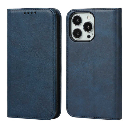 For iPhone 14 Pro Max Calf Texture PU Leather Drop-proof Case Magnetic Auto-absorbed Phone Wallet Stand Cover