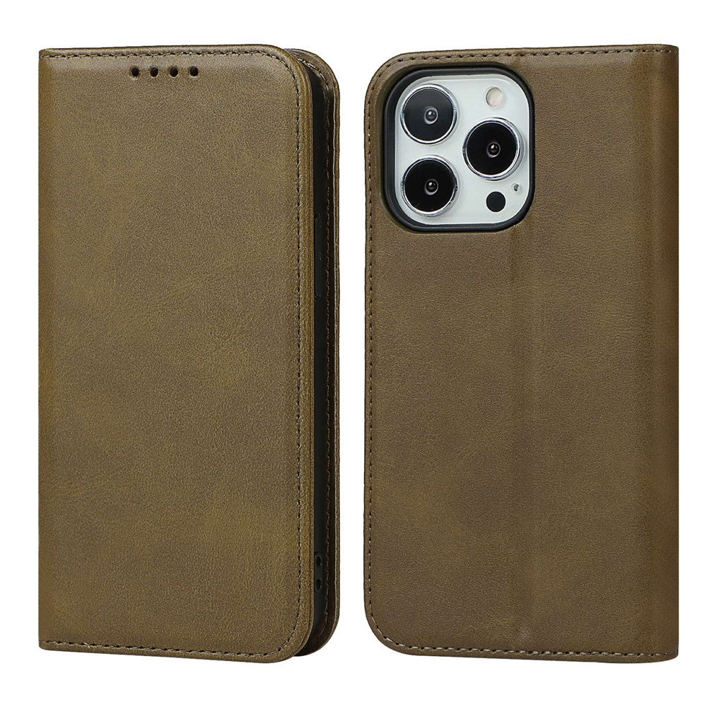 For iPhone 14 Pro Max Calf Texture PU Leather Drop-proof Case Magnetic Auto-absorbed Phone Wallet Stand Cover