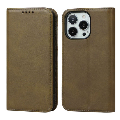 For iPhone 14 Pro Max Calf Texture PU Leather Drop-proof Case Magnetic Auto-absorbed Phone Wallet Stand Cover