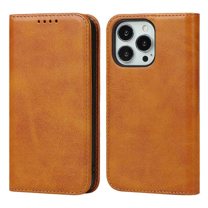 For iPhone 14 Pro Max Calf Texture PU Leather Drop-proof Case Magnetic Auto-absorbed Phone Wallet Stand Cover