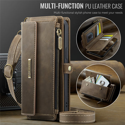 CASEME For iPhone 15 Plus Case  C39 RFID Blocking Zipper Wallet Stand Leather Cover with Strap