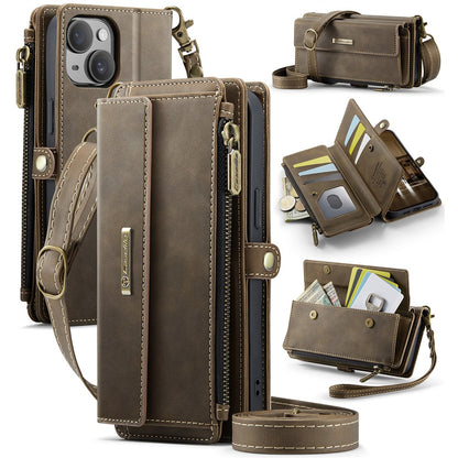 CASEME For iPhone 14 Plus Case  C39 RFID Blocking Zipper Wallet Stand Leather Cover with Strap
