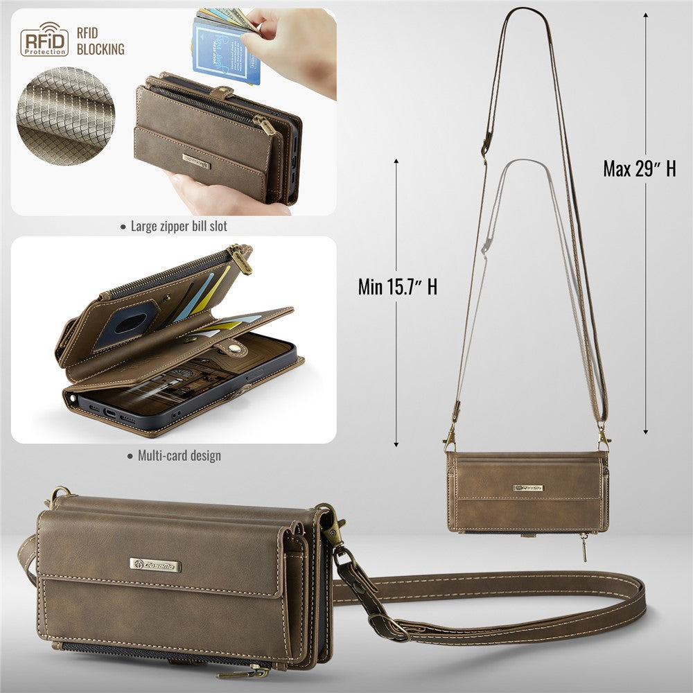 CASEME For iPhone 14 Plus Case  C39 RFID Blocking Zipper Wallet Stand Leather Cover with Strap